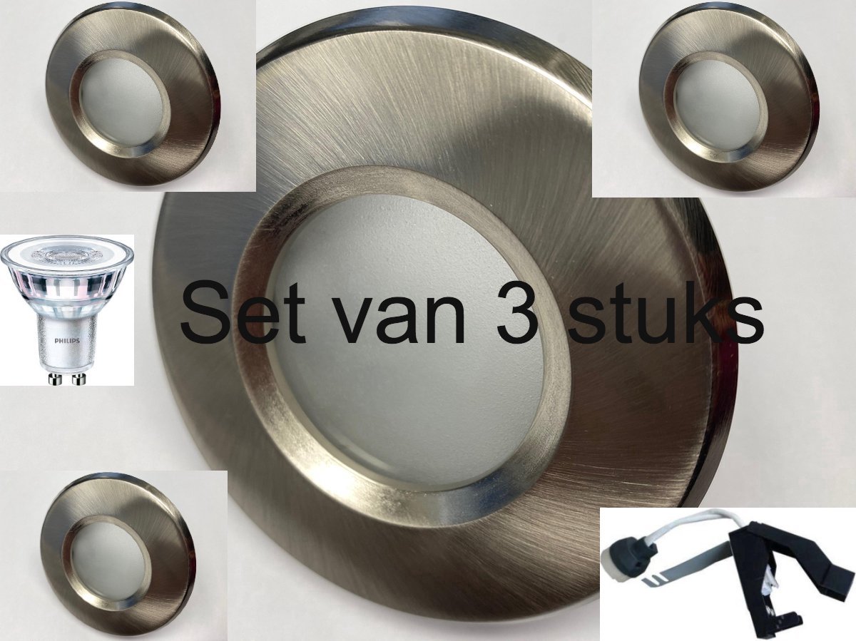 Badkamerspot Inbouwspot – Set van 3 – Geborsteld Nikkel – Philips GU10 Dimbaar – 4000K Wit – IP65