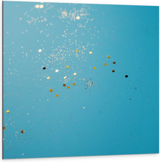 Dibond - Gouden Glitters in Blauw Water - 100x100 cm Foto op Aluminium (Wanddecoratie van metaal)