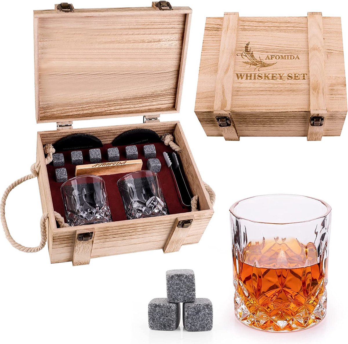 Malinsi Houten Whiskey Set Man Of The Year - Whiskeyglazen Stones Houten Onderzetters Zakje ijsblokjes Tang - Whisky Glazen - Cadeau voor Man - Geschenkset wiskey