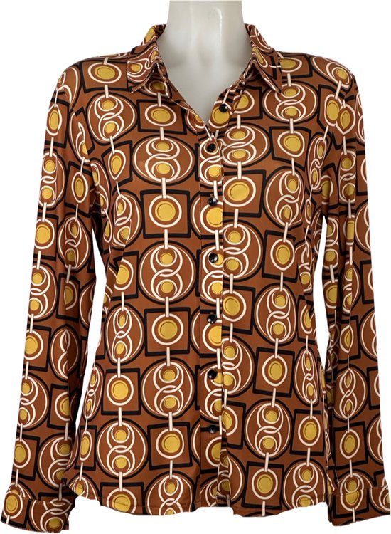 Angelle Milan - Chemisier imprimé marron/jaune pour femme - Tissu de voyage - Comfort - Ne se repasse pas - Résistant - Taille XXL - Existe en 5 tailles !