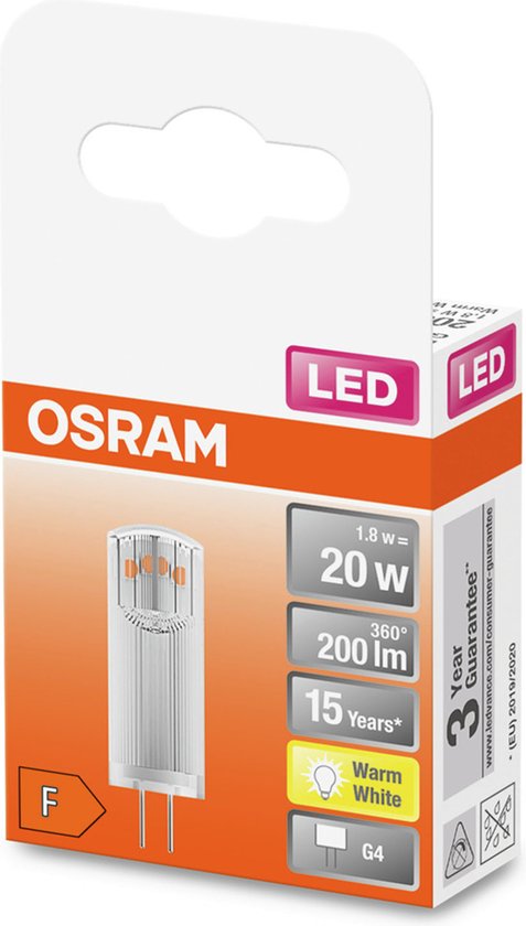 OSRAM 4058075431966 LED-lamp Energielabel F (A - G) G4 Ballon 1.8 W = 20 W Warmwit (Ø x l) 13 mm x 36 mm 1 stuk(s)