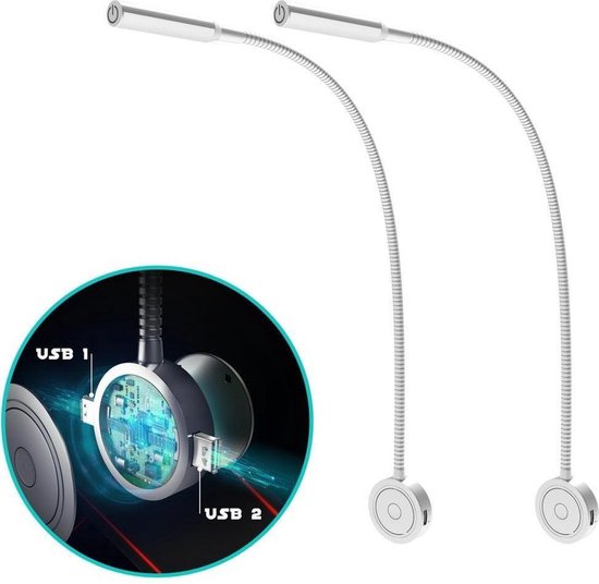 Bolt Electronics ® – Leeslamp – Bedlampje – Leeslamp slaapkamer – Flexibel – LED – 2011-A – Dimbaar - Zilver - USB – 2 stuks - CE 2020