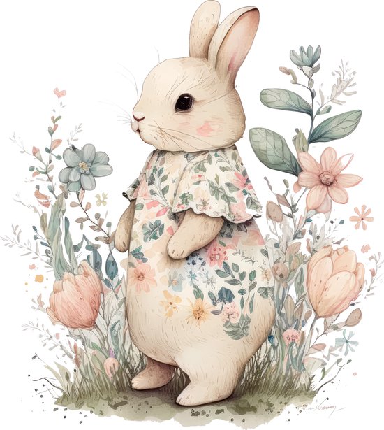 Affiche lapin avec fleurs-affiches-format A3-aquarelles printemps-hiver...  | bol