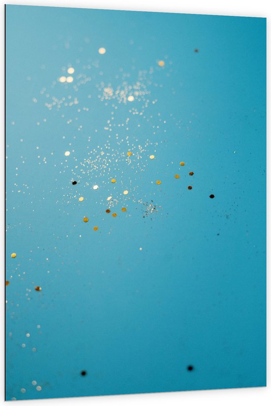 Dibond - Gouden Glitters in Blauw Water - 100x150 cm Foto op Aluminium (Wanddecoratie van metaal)