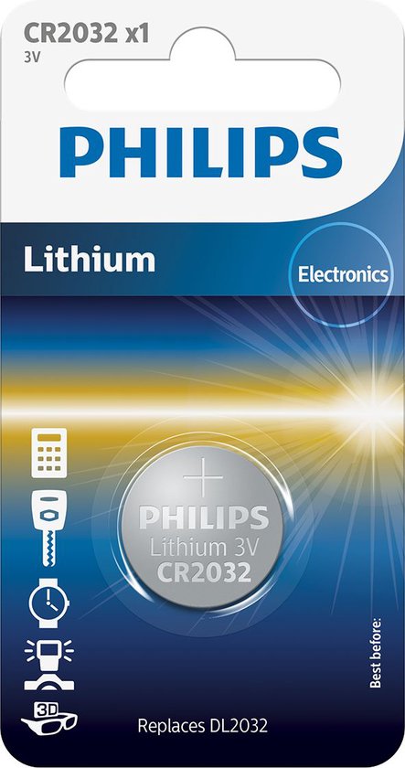 Philips CR2032 lithiumbatterij verpakking met icoontjes voor rekenmachine, sleutel, klok, lamp en 3D-bril. Vervangt DL2032.