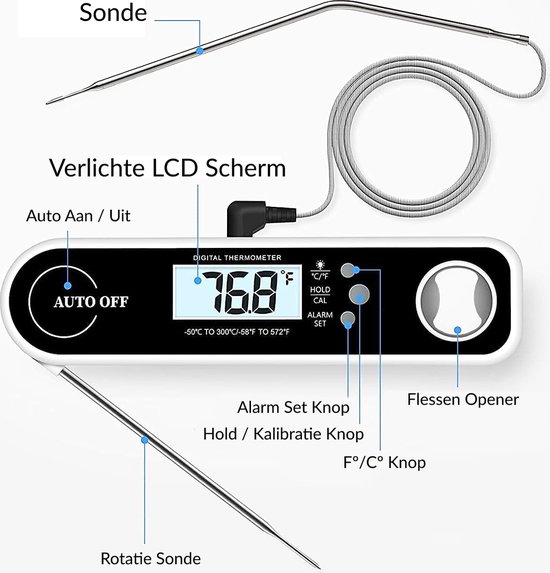 Digitale Dubbele Keukenthermometer - Multifunctioneel Kook Thermometer - Met Lange Sonde - LCD-scherm met Achtergrondverlichting - Waterdicht - Directe Lezing voor Voedselbereiding - Met Magneet En Flessenopener - Wit / Zwart - 