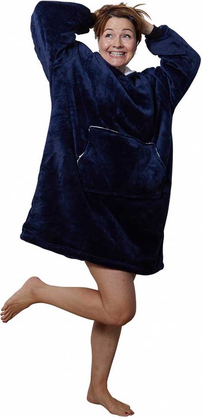 Fleece deken met mouwen en capuchon – Oversized hoodie deken met mouwen – Fleece deken – Fleece TV deken – Plaid met mouwen – hoodie blanket - Warm & zacht – Fleece poncho - Knuffelen – Marine blauw - Badrock