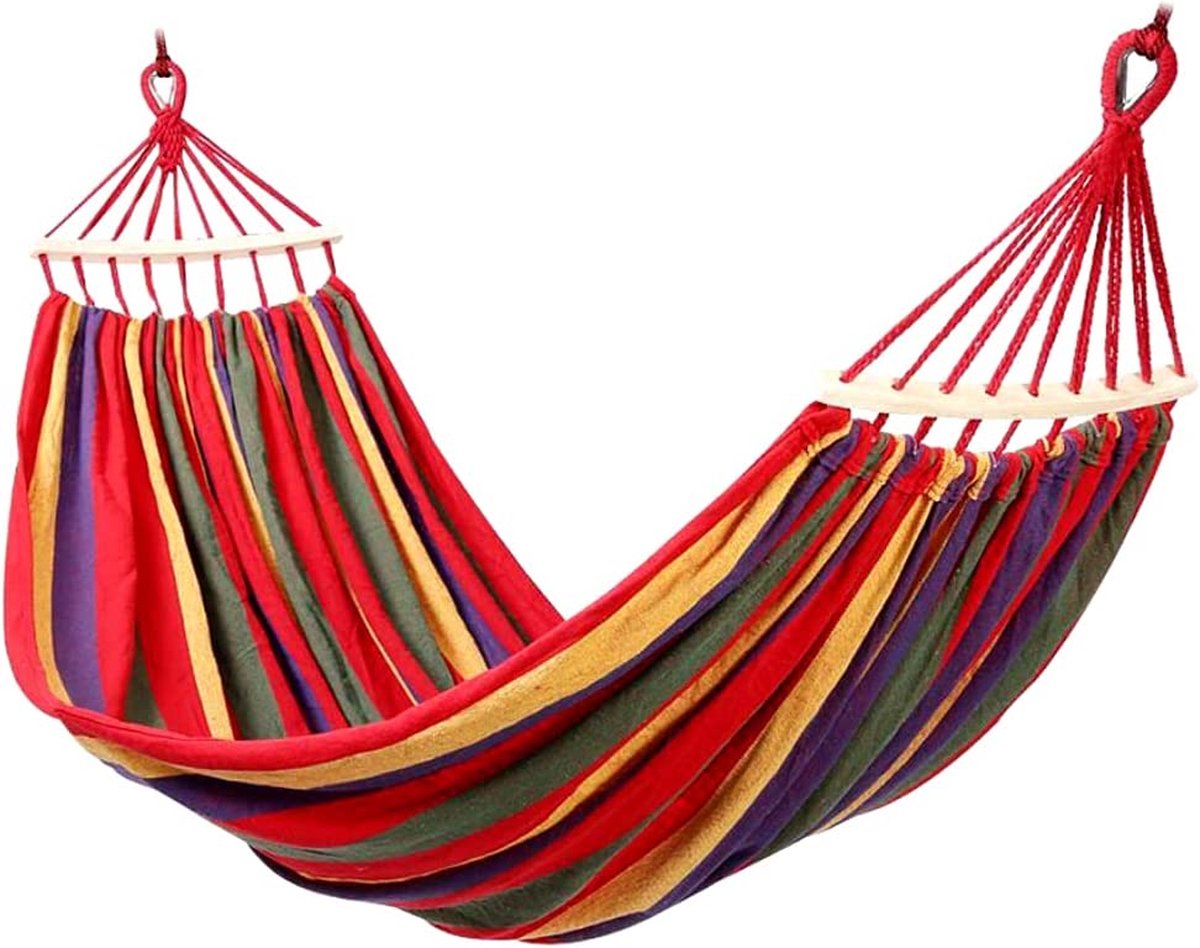 Kampeerhangmat, zware canvas stof, 300 kg laadvermogen, twee anti-rolbalken en stevige metalen riemen met knopen voor reizen, strand, tuin, enz. (Rojo)