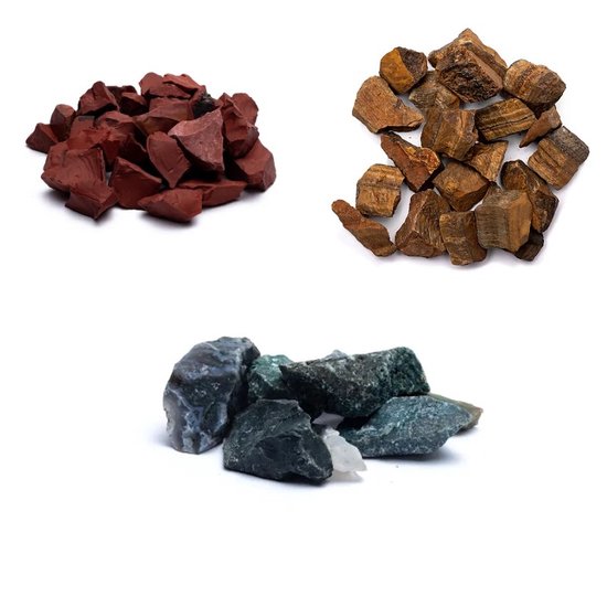 Ruwe Edelstenen Set - Mosagaat, Rode Jaspis & Tijgeroog - Angsten & Fobieën - 3 Tot 5cm Per Steen - Edelstenen & Mineralen