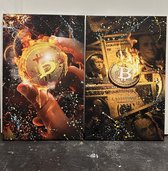 Schilderij Bitcoin- Twee Luik- Katoenen canvasdoek op houten frame-2 st. x70x45 cm - Gemengde techniek afdrukken +Acrylverf- Klaar om op te hangen