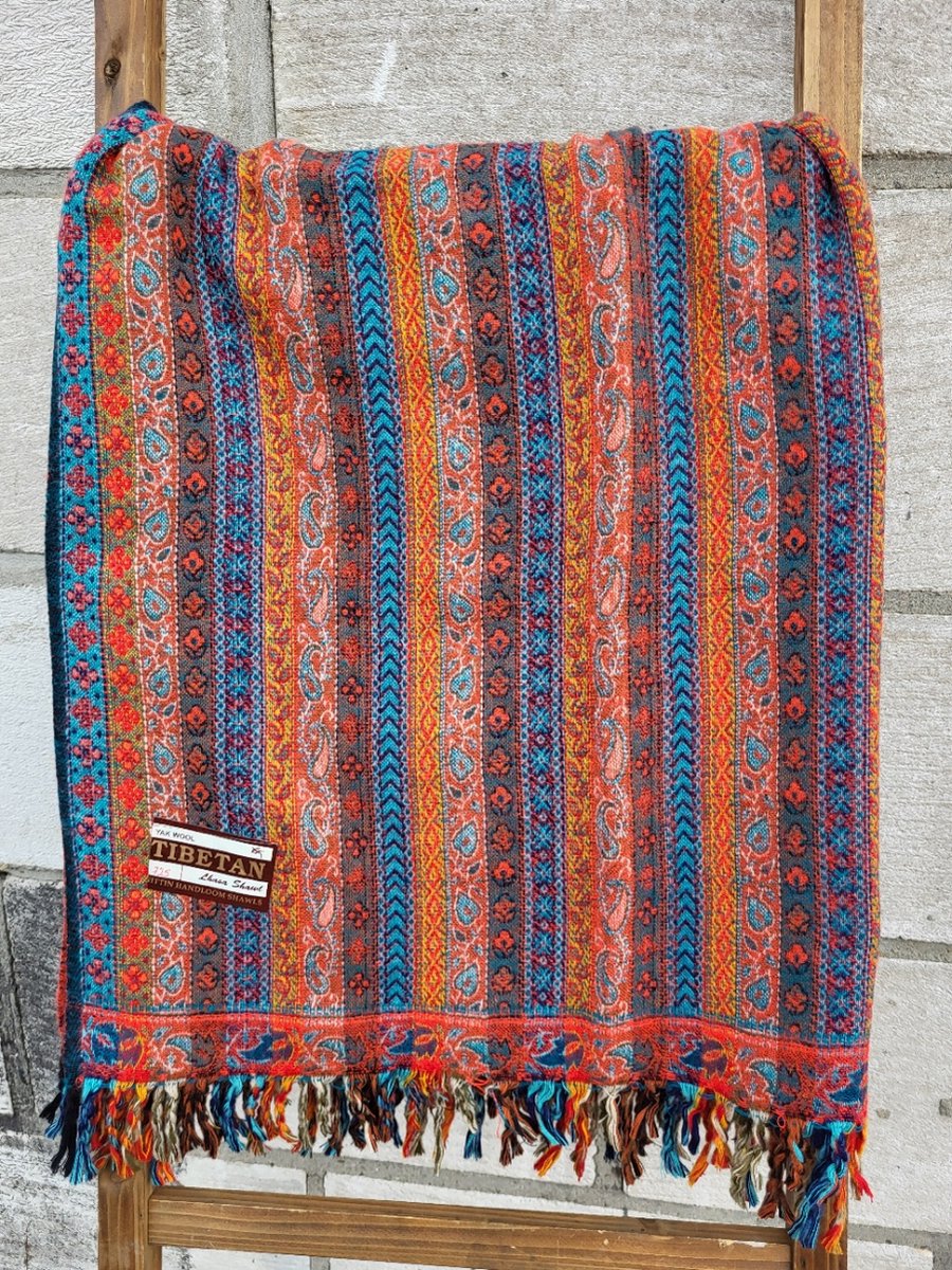 Nepal Omslagdoek Plaid Sjaal Yak Wol/Acryl (200 x 100 cm) Rood/Turqoise/Groen