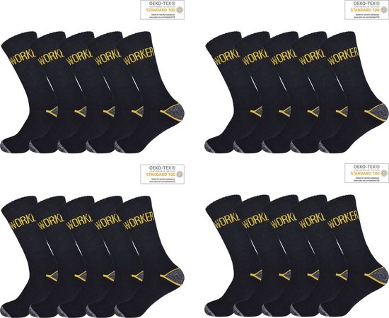 20 PACK Werksokken | Katoen | Maat 43-46 | Zwart | Anti-Slip | Sokken Heren | Sokken Dames | - Merkloos
