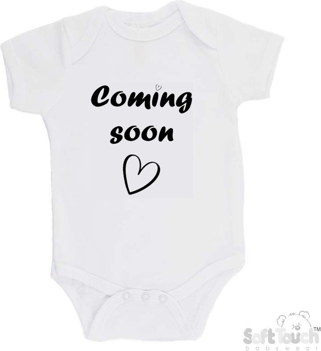 100% katoenen Romper met Tekst "Coming soon" - Wit/zwart - Zwangerschap aankondiging - Zwanger - Pregnancy announcement - Baby aankondiging - In verwachting 62/68