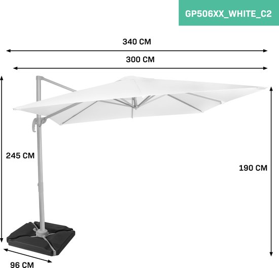 VONROC Premium Zweefparasol Pisogne 300x300cm – Incl. vulbare tegels, kruisvoet & beschermhoes – Vierkante parasol – 360 ° Draaibaar - Kantelbaar – UV werend doek - Wit