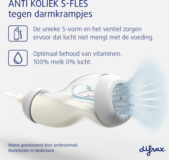 Difrax Babyfles Natural Glas - 310 ml - Wit - 1 Stuk - S-fles - Anti Koliek — afbeelding 4