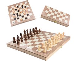 Shagam - 3-in-1 Set - 48 x 48 cm - Schaakbord - Dambord (8x8) - Backgammon - Hout - Met Schaakstukken - Opklapbaar - Schaakspel - Schaakset - Schaken - Chess - Damset