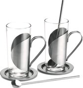 Cadeauartikel theeglazen // Marco Polo - 6-delige set warme dranken: 2 (thee) glazen met heldere, lineaire vormentaal, onderzetter en rietlepel; afmetingen: ca. 6 x 6 x 14 cm