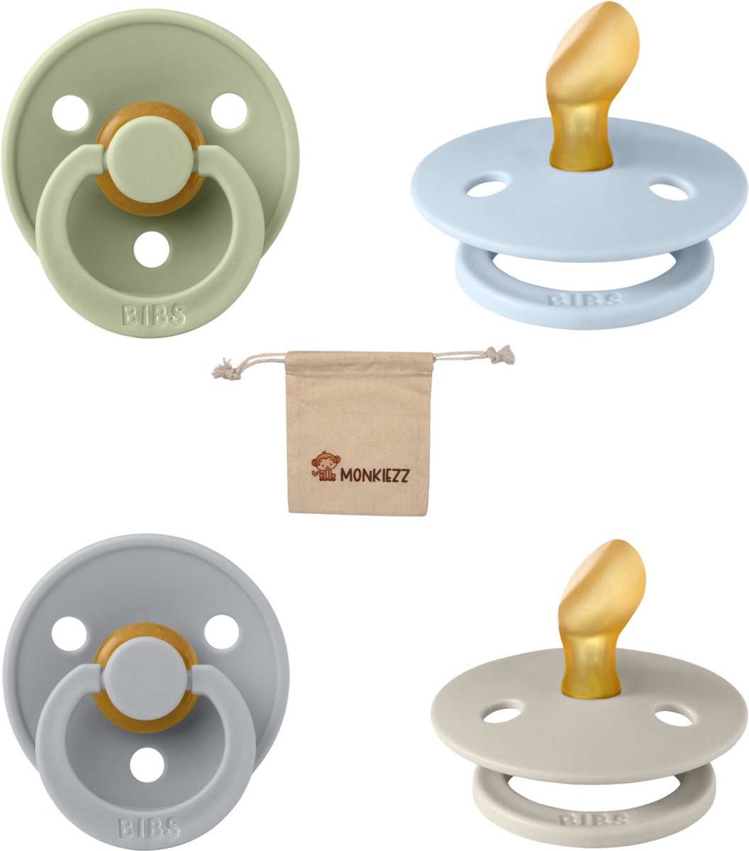 Goedkoopste Bibs Dental fopspenen Anatomical 6-18 maanden- Set 4 stuks- Sage, Baby Blue, Cloud en Sand - Monkiezz speenzakje - orthodontisch- Anatomisch- Maat 2