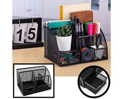 foto van Pennenbak 6 vakken en Schuiflade - Pennenhouder - Desk - Bureau organizer - Mesh - Metaal - Pennenbakjes - Zwart