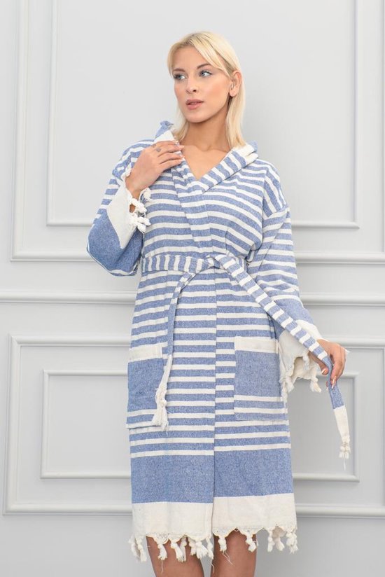Lubna Home Hamam badjas XL -100% Katoen-Strant Badjas XL -BLAUW