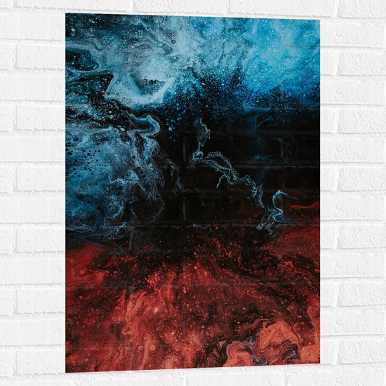 Muursticker - Mix van Blauwe en Rode Patronen op Zwarte Achtergrond - 60x90 cm Foto op Muursticker