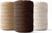 Ledent macramé touw, (2mm, 3 x 70M), set van 3, dubbel getwist - 100% geregenereerd katoenkoord - Macramé touw in bruin, donkerbruin & ecru om mee te knutselen.