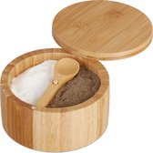 Pot à sel Relaxdays avec couvercle et cuillère - pot à épices rechargeable en bambou - grand poivrier