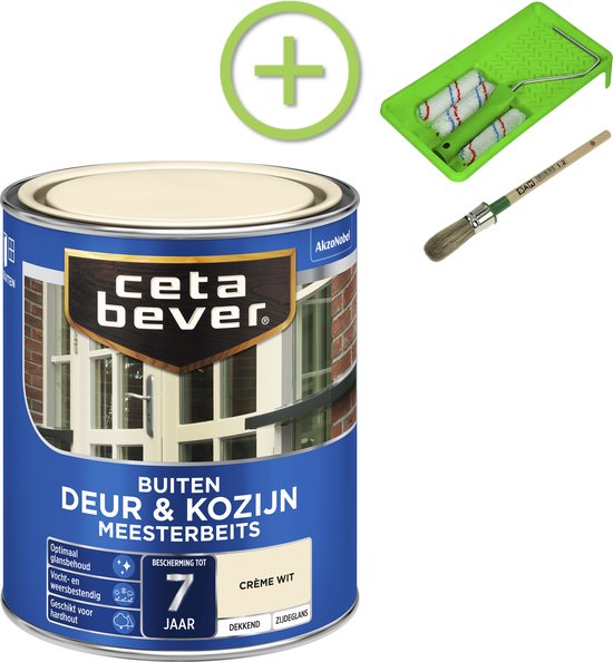 CetaBever Buiten Deur & Kozijn Meester Beits - Zijdeglans - CrÃ¨me Wit - 750 ml Inclusief 6 delige beitsset