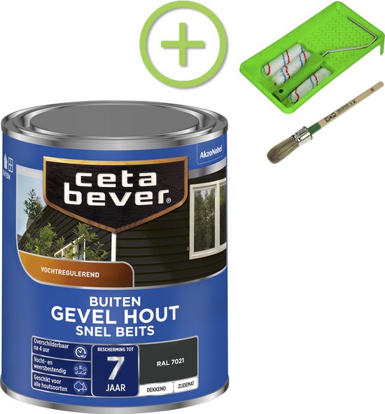 CetaBever Buiten Gevel & Kozijn Snel Beits - Zijdemat - RAL 7021 - 750 ml Inclusief 6 delige beitsset