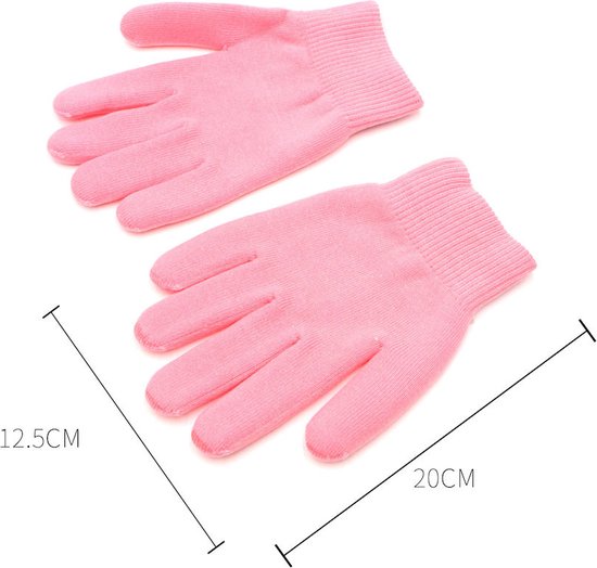 Twee roze spa gel handschoenen met afmetingen.