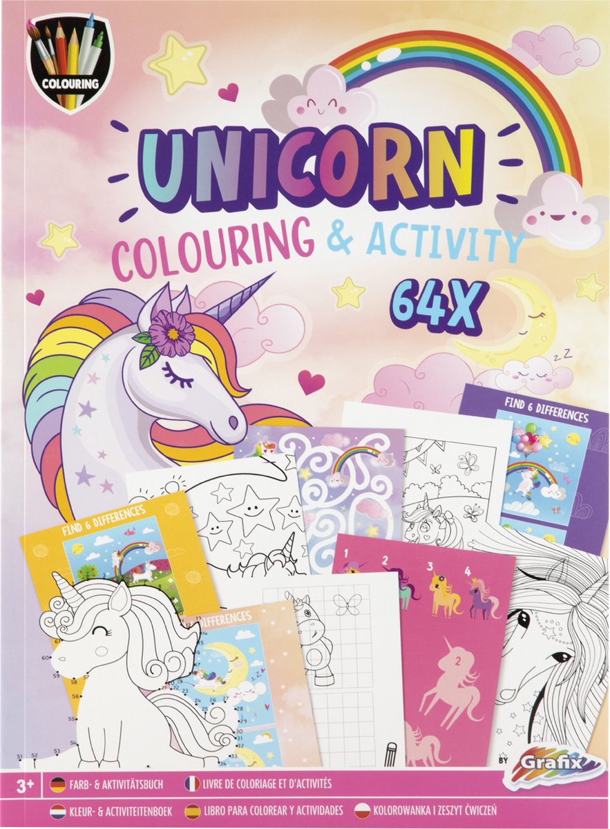 Grafix kleur- en activiteitenboek - Unicorn - A4 - 64 pagina's - Kleuren - Meisjes - Kleurboek - Kinderen - Cadeau - Activiteiten - Boek - Geschenk - Tekeningen - Doeboek - Inkleuren - Kleurplaat - Colouring Book - Kleurplezier - Opdrachten Boekje — afbeelding 3