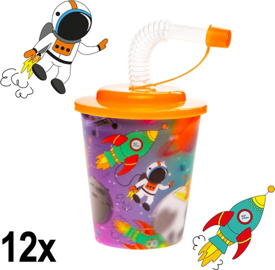 12 STUKS RUIMTE / SPACE 3D Drink Beker met Rietje en Deksel - 250ML - Ruimtevaart Plastic Bekers - Kinderfeestje - Kinderverjaardag Bekertjes - Traktatie - Uitdeelcadeaus van Merkloos — afbeelding 2
