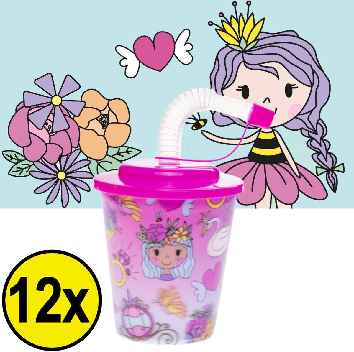 Goedkoopste 12 STUKS PRINSES 3D Drink Beker met Rietje en Deksel - 250ML - Prinsessen Plastic Bekers - Kinderfeestje - Kinderverjaardag Bekertjes - Traktatie - Uitdeelcadeaus