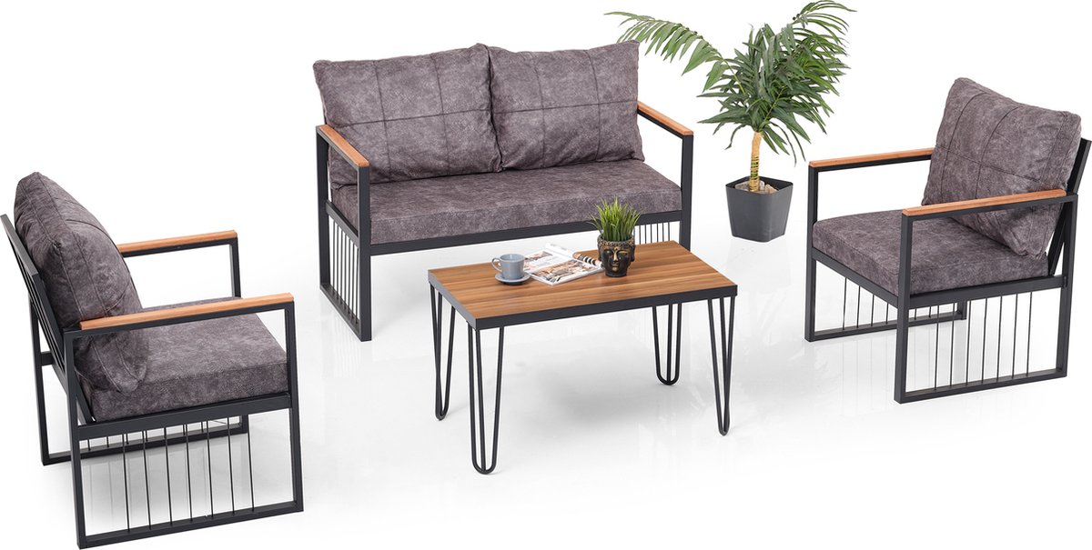 Tuinmeubelset - Loungeset - Tuinset 4 persoons - Outdoor - Incl. Kussens en tafel - Antraciet - Metaal - Design