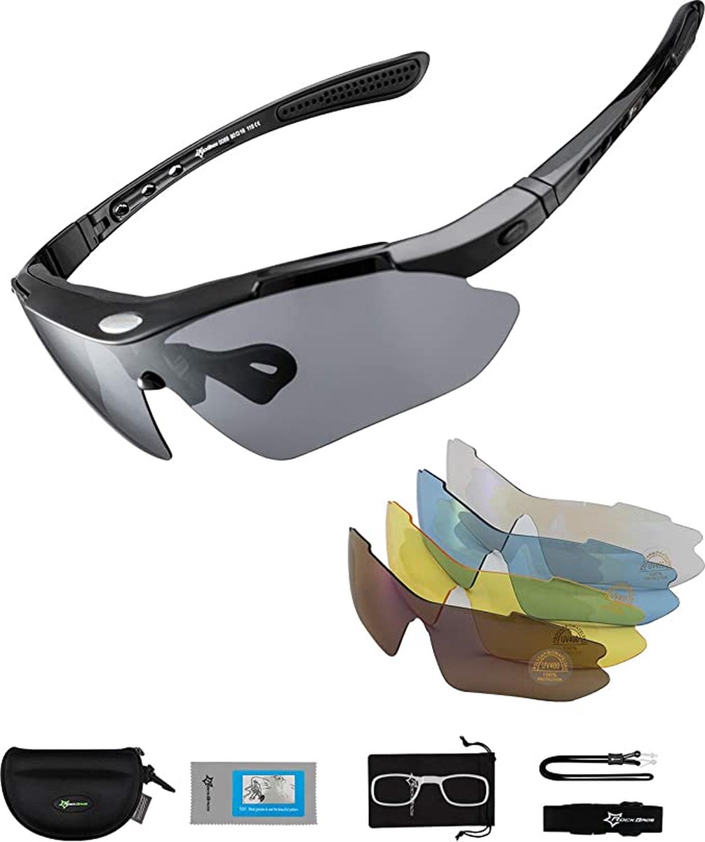 Rockbros Fietsbril - Gepolariseerde Sportbril Set - 5 Verwisselbare Lenzen - UV-Schutzbeschichtung - Zwart - Rockbros