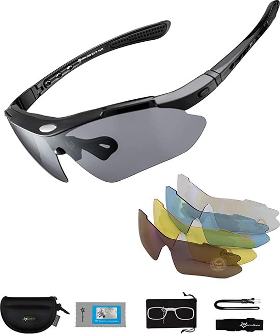 Rockbros Fietsbril - Gepolariseerde Sportbril Set - 5 Verwisselbare Lenzen - UV-Schutzbeschichtung - Zwart