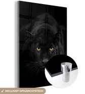 Glasschilderij panter - Dieren - Zwart - Portret - Schilderij glas - Muurdecoratie woonkamer - 30x40 cm - Wanddecoratie glas - Foto op glas - Slaapkamer