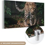 Glasschilderij dieren - Luipaard - Bos - Bladeren - Muurdecoratie - Wanddecoratie glas - Slaapkamer - 80x40 cm - Schilderij glas - Kamer decoratie - Glasplaat
