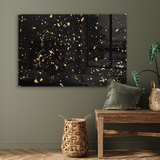 ® Glasschilderij 120x80 cm - Schilderij acrylglas - Gouden vlokken op een zwarte achtergrond - Foto op glas - Muurdecoratie woonkamer - Wanddecoratie slaapkamer - Schilderijen