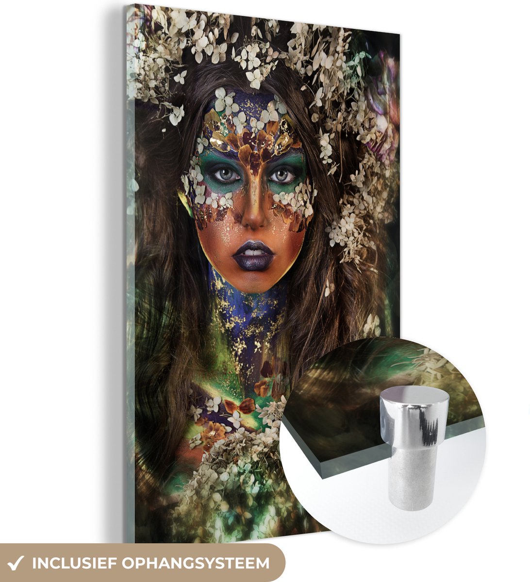 ® Glasschilderij 20x30 cm - Schilderij acrylglas - Vrouw - Bloemen - Verf - Foto op glas -