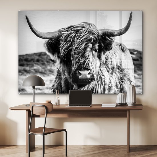 Peinture sur verre - Photo sur verre - Highlander écossais - Nature - Vache - Zwart et blanc - Verre acrylique - Décoration murale - 150x100 cm - Peinture sur verre Highlander écossais - Peinture sur verre - Décoration d'intérieur