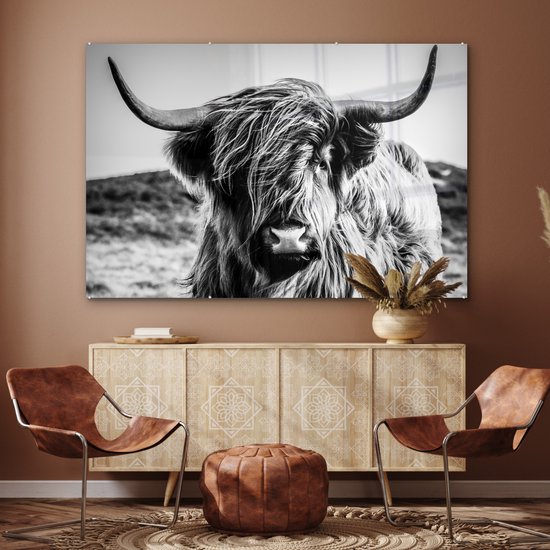 Peinture sur verre - Photo sur verre - Highlander écossais - Nature - Vache - Zwart et blanc - Verre acrylique - Décoration murale - 150x100 cm - Peinture sur verre Highlander écossais - Peinture sur verre - Décoration d'intérieur
