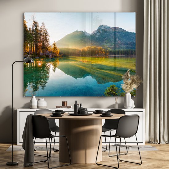 Peinture sur verre - Plaque acrylique - Lac - Water - Vert - Montagnes - Arbre - Décoration murale - Peinture sur verre - Verre acrylique - Photo sur verre - 160x120 cm - Peinture sur verre nature - Décoration murale