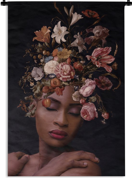 Wandkleed - Vrouw - Bloemen - Boeket - Vintage - Portret - Katoen - Wanddoek - Wandkleden voor binnen - Slaapkamer - Muurkleed - 60x90 cm - Katoen - Woondecoratie - Muurdecoratie - Wandkleden - Wandtapijt - Tapestry