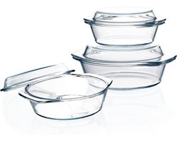 Heldere ronde glazen ovenschaal met dekseldeksel-glazen ovenschotels, bakproducten met glazen deksel, glazen ovenschaal (set 3-0,65 l + 1,4 l)