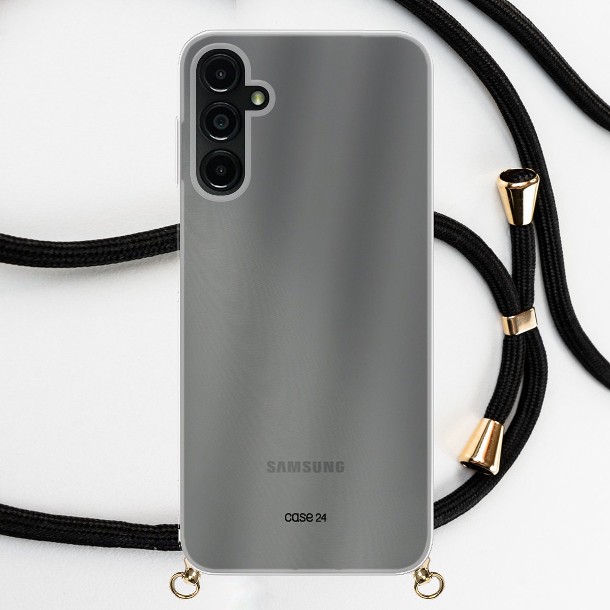 Samsung A14 hoesje met koord - zwart met goud - transparant hoesje
