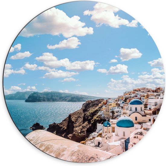 WallClassics - Dibond Muurcirkel - Klassiek Witte Huisjes in Santorini - 70x70 cm Foto op Aluminium Muurcirkel (met ophangsysteem)