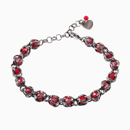 Armband Dames - Roestvrij Staal - Verstelbaar - Schakelsarmband met Rode Kristal