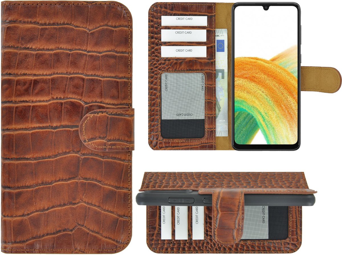 MoDo hoesje Geschikt voor Samsung Galaxy A34 - Echt Leer Book Case - Croco Kaneelbruin