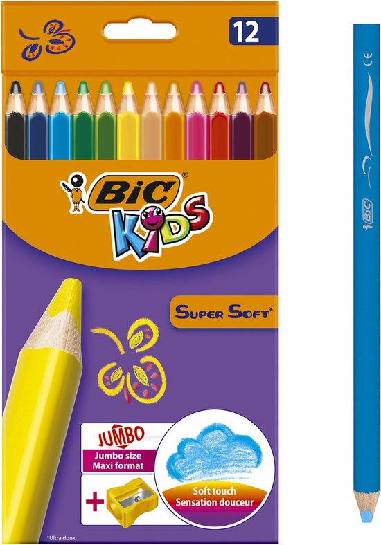 BIC KIDS Crayon de couleur triangulaire Supersoft, étui en carton de 12